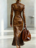 Phatbird Western Retro Leopard Tassel Turtleneck Dress