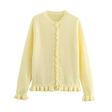 PHATBIRD Women Fall Elegant Knit Cardigan Yellow Petal Sleeve Sweater 2025 Autumn Fashion Versatile