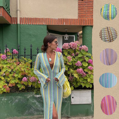 Phatbird crochet stripe maxi dress with deep V neck and flared sleeves