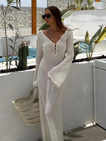 Women White Long Knit Sleeve Bikin Fashion