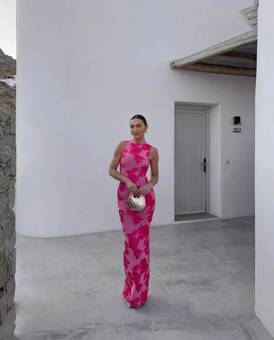 Sleeveless 3D Floral Embroidery Mesh Maxi Dress