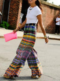 Women Vintage Plaid High Waist Wide Leg Pants Spring Summer Loose
