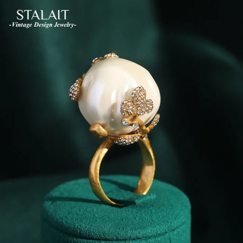18K Gold-Plated Vintage-Style Baroque Pearl Ring with Crystal Vine Design for Women - Luxury Evening Wear & Wedding Gift