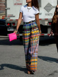 Women Vintage Plaid High Waist Wide Leg Pants Spring Summer Loose