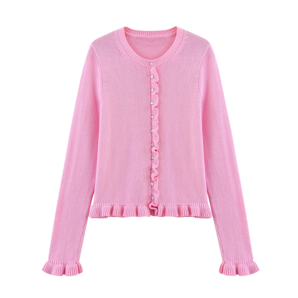PHATBIRD Women Fall Elegant Knit Cardigan Yellow Petal Sleeve Sweater 2025 Autumn Fashion Versatile
