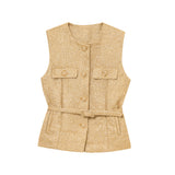 Phatbird Fashion Tweed Belt Waistcoat O Neck Single Breasted Sleeveless