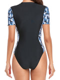 Zebra Print One Piece Swimsuit Short Sleeve Zipper