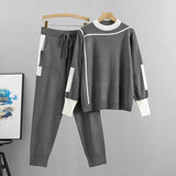 Phatbird Autumn Runway 2 Pieces Set Knitted Long Sleeve Pullovers Sweater Casual Patchwork