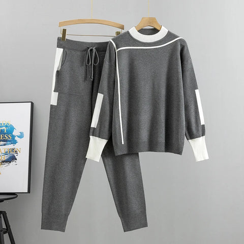 Phatbird Autumn Runway 2 Pieces Set Knitted Long Sleeve Pullovers Sweater Casual Patchwork