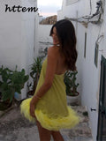 Phatbird Golden Yellow Feather Glitter Halter Mini Dress