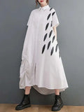 Colour-block Print Big Size Asymmetry Side Folds Dress New Lapel Short Sleeve