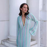 Phatbird crochet stripe maxi dress with deep V neck and flared sleeves - view 7