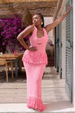 Phatbird Sexy See Through Knitted Maxi Dress Hollow Out Deep Neck Pot Robes Tassel Hem Fork Party