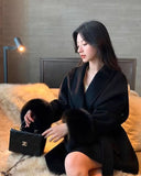 Phatbird Elegant Lace Up Woolen Coat Women Solid Loose Lapel Furry Belt Long Sleeve Short Jacket
