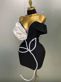 Phatbird  New Sexy Off Shoulder White Flower Black Mini Bodycon Bandage Dress