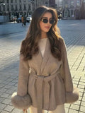 Phatbird Elegant Lace Up Woolen Coat Women Solid Loose Lapel Furry Belt Long Sleeve Short Jacket
