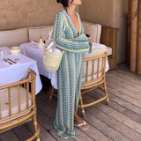 Phatbird crochet stripe maxi dress with deep V neck and flared sleeves - view 2