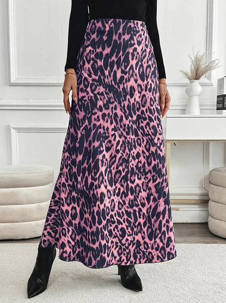 Phatbird Plus Size Pink Leopard Flare Maxi Skirt