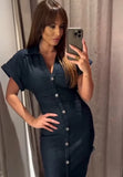 Phatbird Spring New 1975 series denim MIDI dress with lapel side zipper fashion wrinkle waist slim elegant dress