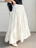 Phatbird Women Korean Fashion Tiered Maxi Skirt Elastic Waist Casual Solid Color