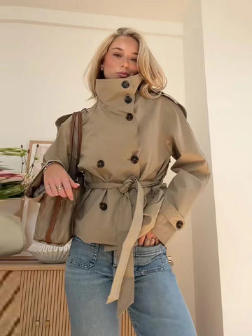 Phatbird belted cropped khaki trench jacket with stand collar
