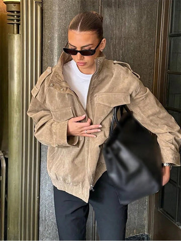 Phatbird suede zip bomber jacket with stand collar and epaulets