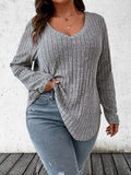 Ribbed V-Neck Long Sleeve T-Shirt