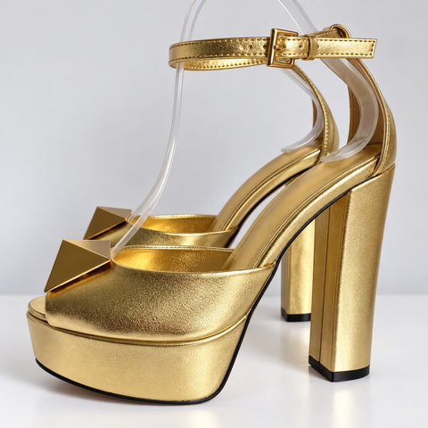 Phatbird buckle platform block heel sandals in gold