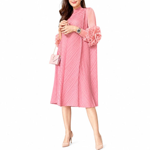 Pink Ruffles Sleeves Pleated Dress
