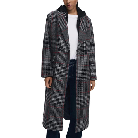 Grey Plaid Wool Blend Maxi Coat with Hood