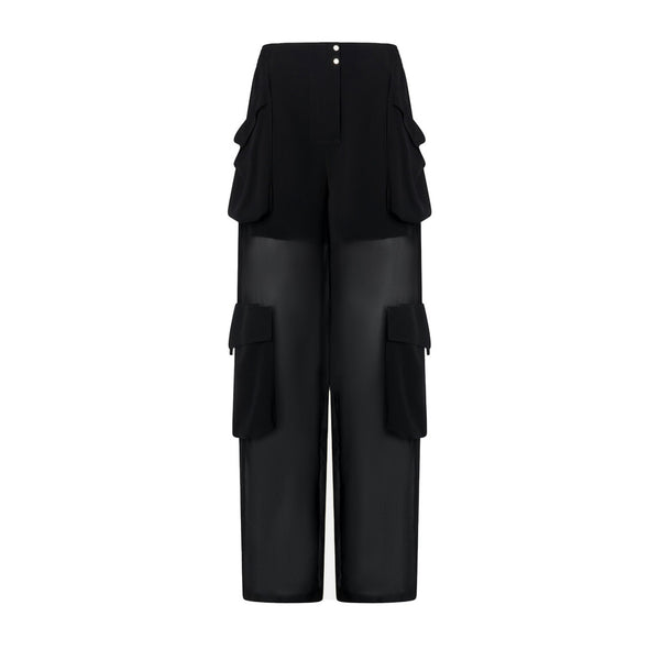 Jet Black Polyester Zip-Front Tailored Trousers