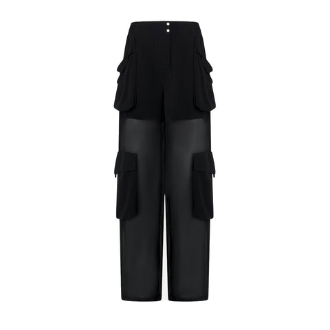 Jet Black Polyester Zip-Front Tailored Trousers