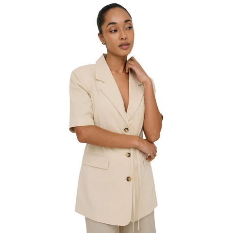 Phatbird Beige Linen Belted Short-Sleeve Blazer