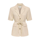 Phatbird Beige Linen Belted Short-Sleeve Blazer