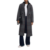 Grey Plaid Wool Blend Maxi Coat with Hood