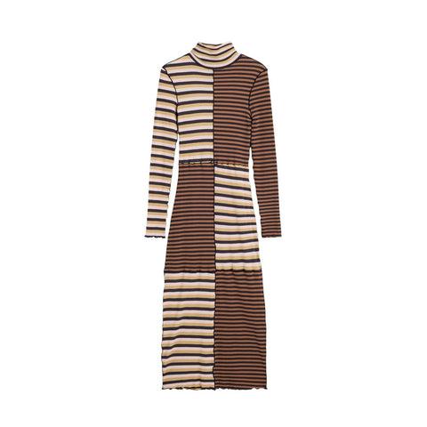 Phatbird Chocolate Striped Cotton Turtleneck Maxi Dress