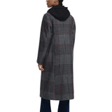 Grey Plaid Wool Blend Maxi Coat with Hood