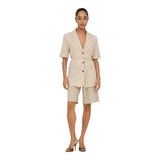 Phatbird Beige Linen Belted Short-Sleeve Blazer