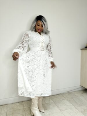 Phatbird White Lace Belted Midi Dress - Image 3