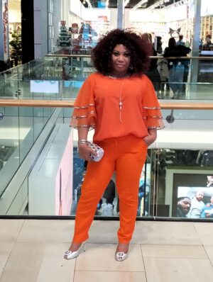 Phatbird Powdered Orange Tiered Bell Sleeve Top & Pencil Trouser Set